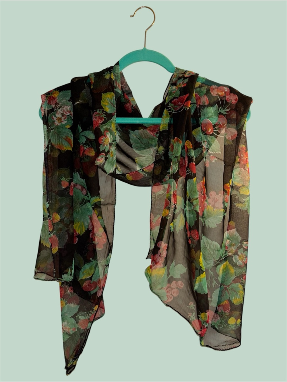 Jasmine Sheer Red and Green Floral and Berries Patterned Multicolor Scarf